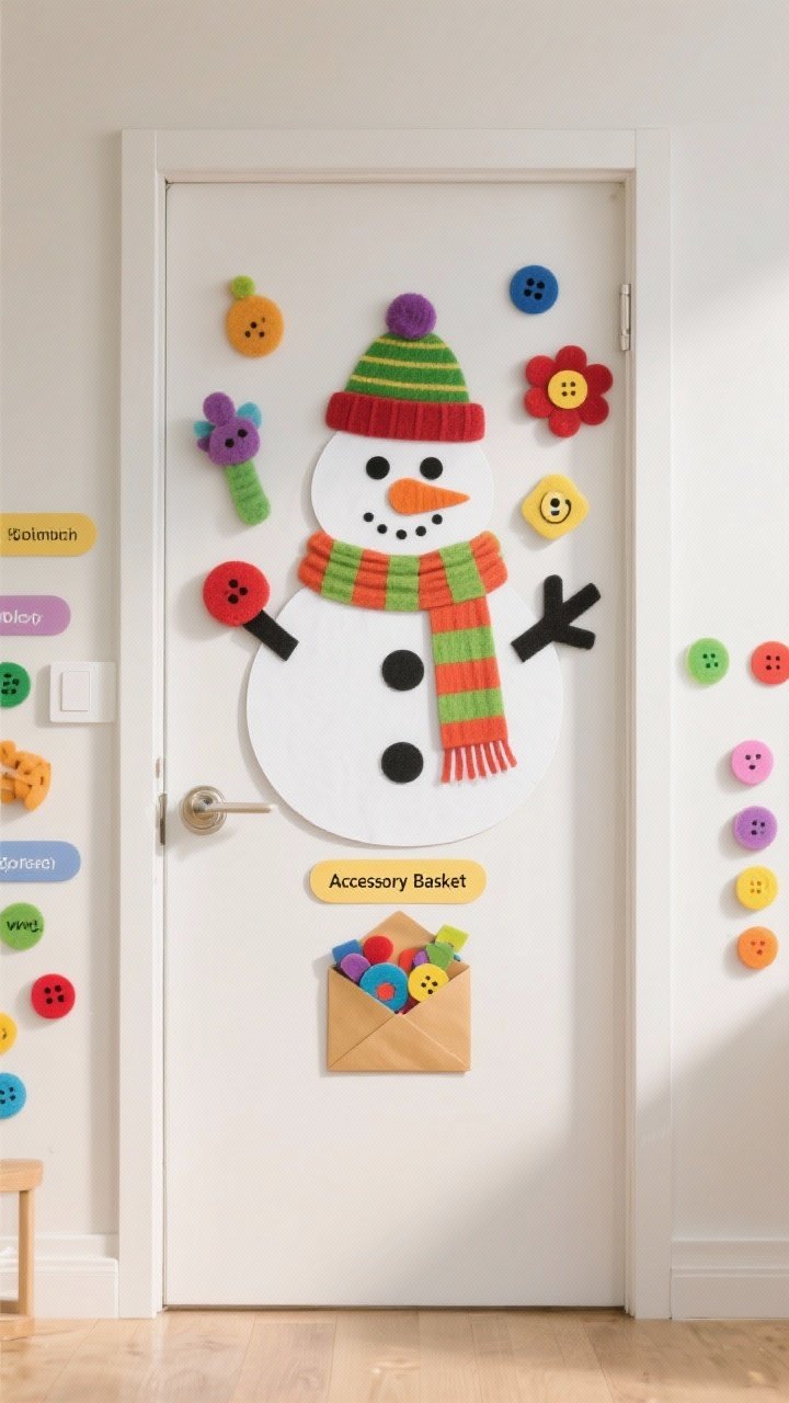 Photorealistic interactive door, medium shot with slight overhead tilt: white paper base snowman with Velcro-backed, laminated accessories—hats, scarves, noses, funny buttons—arranged on the door and surrounding area for kids to rearrange. A labeled “Accessory Basket” envelope attached low on the door holds extra pieces. Mix-and-match bright colors, visible laminate gloss, felt texture on some pieces, and Velcro dots. Educational labels on accessories with vocabulary words.