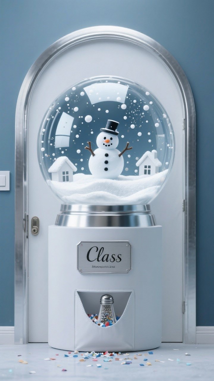 Photorealistic snow globe concept, straight-on medium shot: entire door appears as a giant snow globe with a glossy acetate overlay forming the dome, framed by a metallic silver rim. Inside the globe: a snowman, floating white snow dots, and a few tiny house cutouts on layered snow. A bold base plaque at the bottom features a customizable class name like a souvenir globe. A sealed shaker-style pocket near the bottom holds loose confetti. Palette: white, icy blue, silver; shiny acetate and metallic textures.